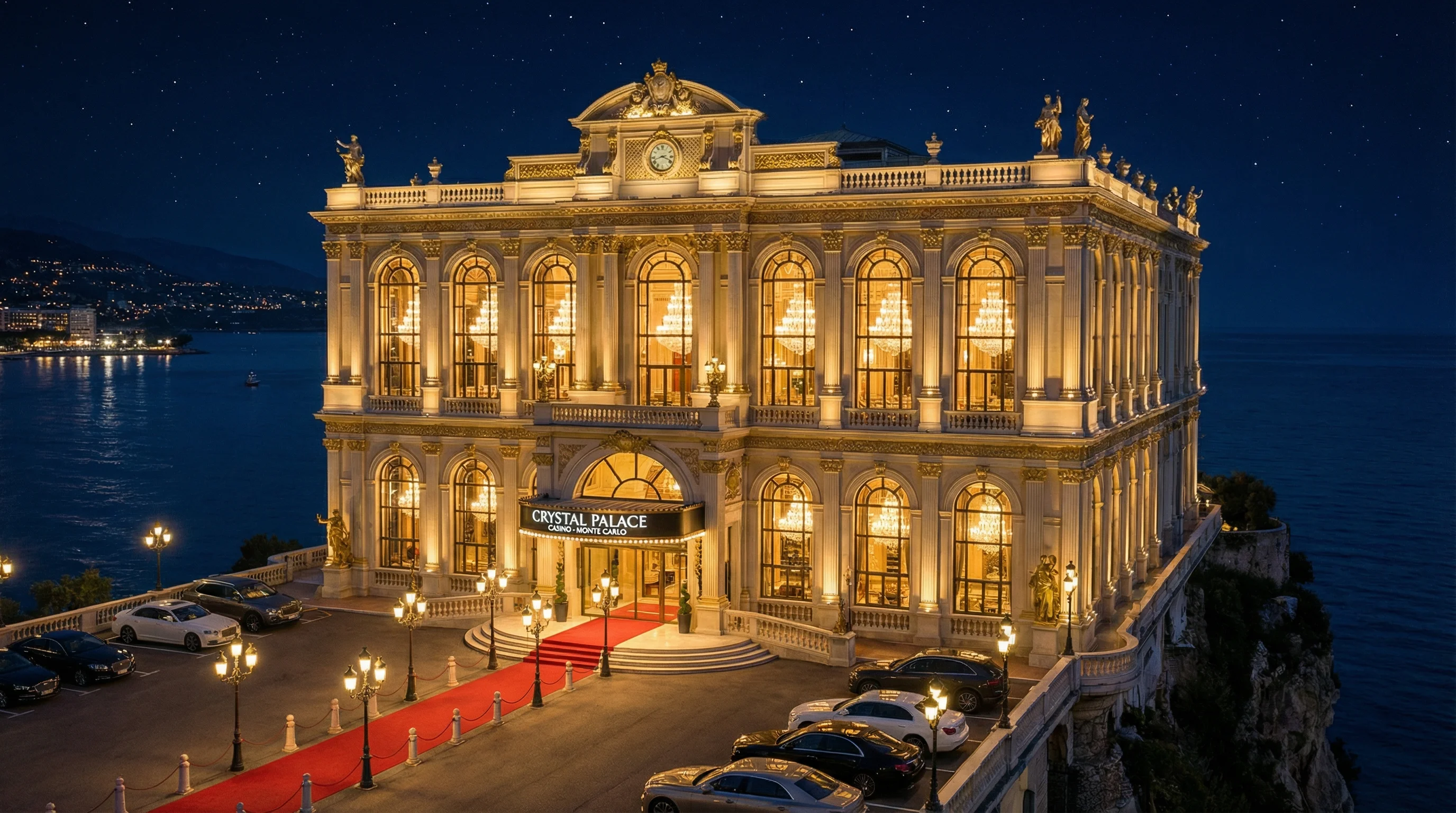 蒙特卡洛夜景下的水晶宫殿，彰显 澳门百家乐 的奢华氛围